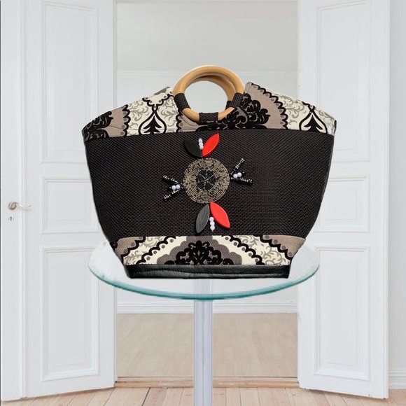 Handbags - Canvas Handbag Wood Handles Ankara African Style Black White Tote Bag